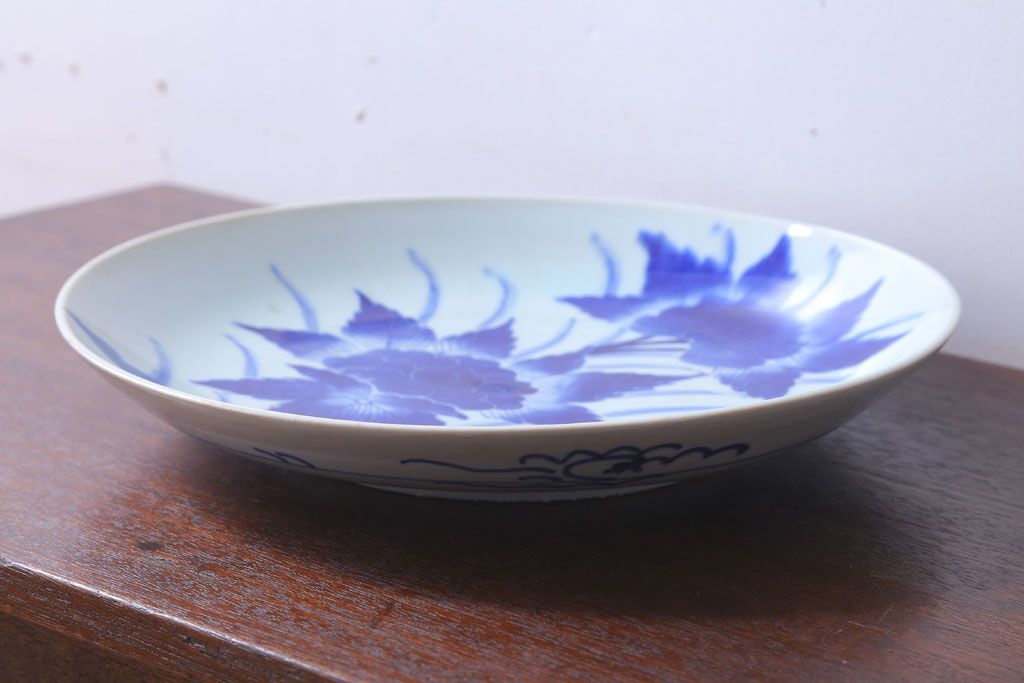 アンティーク雑貨　古民具・骨董　幕末〜明治　牡丹の図　染付　1尺2寸皿