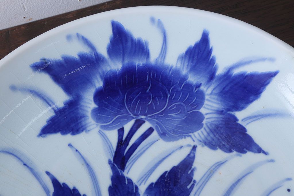 アンティーク雑貨　古民具・骨董　幕末〜明治　牡丹の図　染付　1尺2寸皿