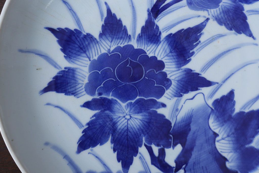 アンティーク雑貨　古民具・骨董　幕末〜明治　牡丹の図　染付　1尺2寸皿