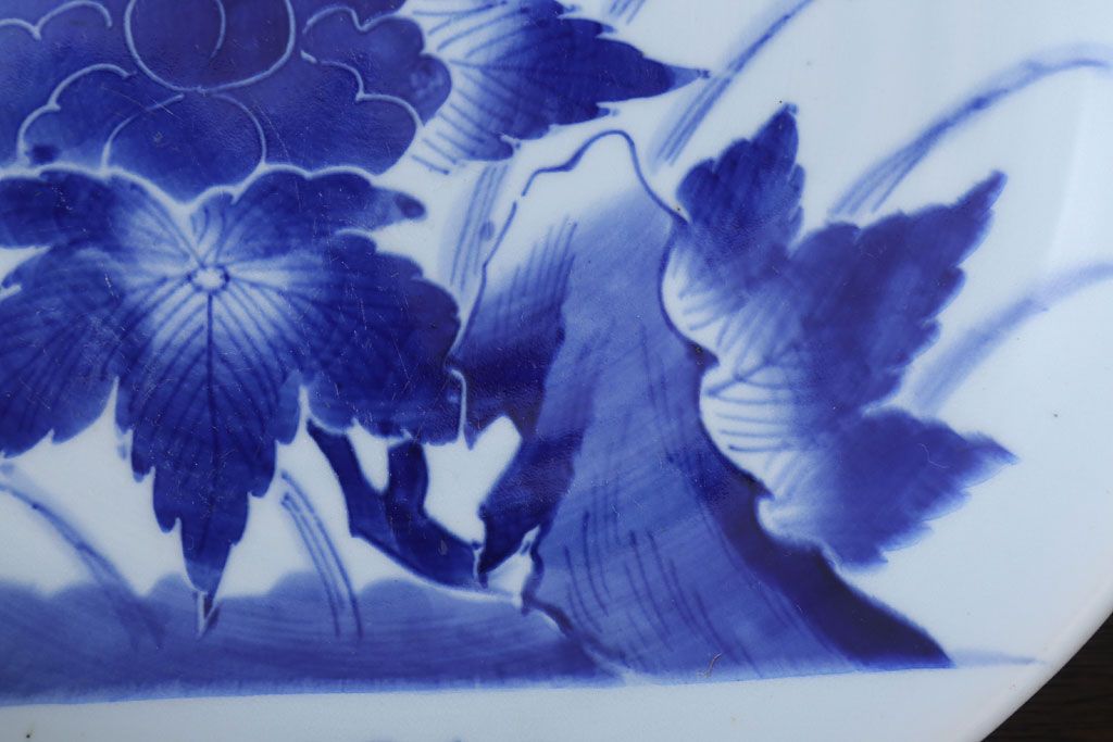 アンティーク雑貨　古民具・骨董　幕末〜明治　牡丹の図　染付　1尺2寸皿