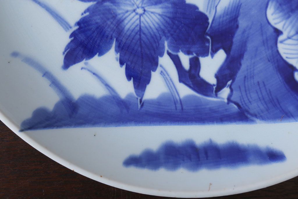 アンティーク雑貨　古民具・骨董　幕末〜明治　牡丹の図　染付　1尺2寸皿