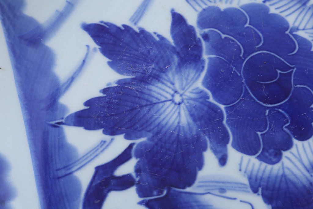 アンティーク雑貨　古民具・骨董　幕末〜明治　牡丹の図　染付　1尺2寸皿