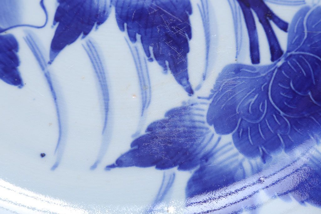 アンティーク雑貨　古民具・骨董　幕末〜明治　牡丹の図　染付　1尺2寸皿