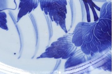 アンティーク雑貨　古民具・骨董　幕末〜明治　牡丹の図　染付　1尺2寸皿