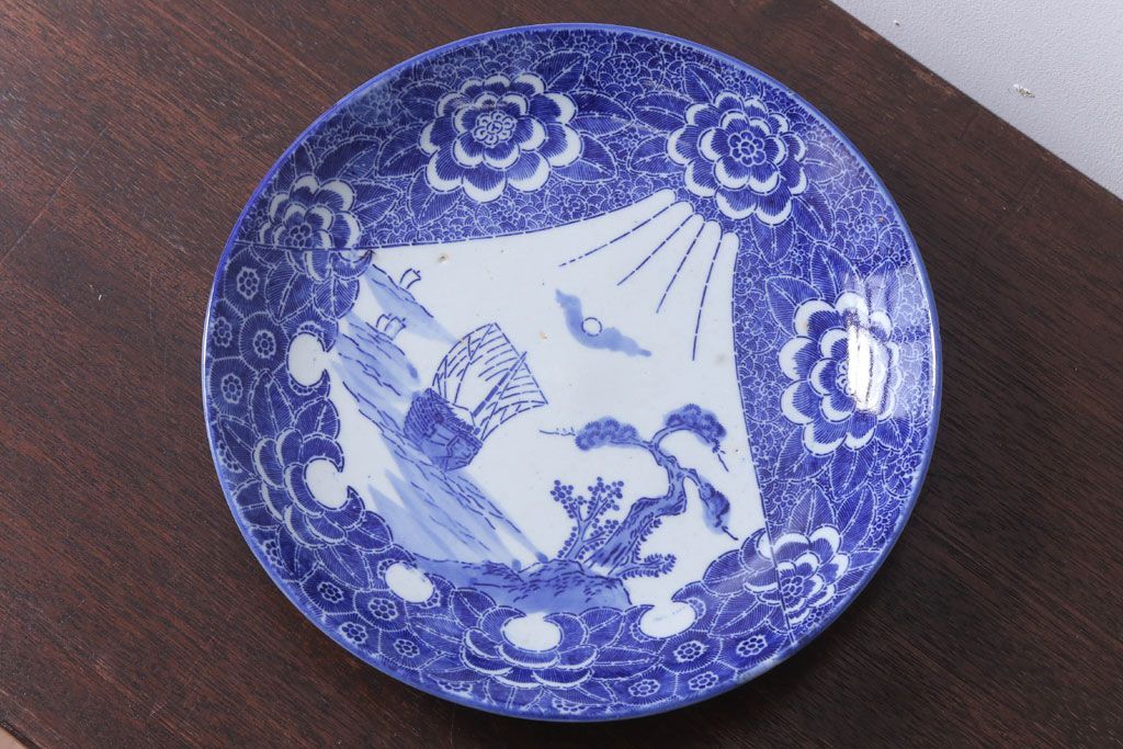 アンティーク雑貨　古民具・骨董　明治〜大正　富士と船の図　印判皿