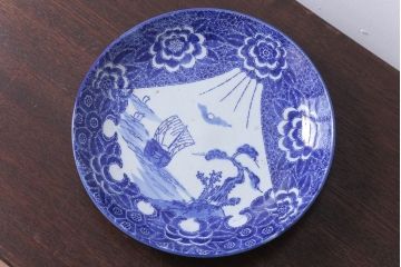 アンティーク雑貨　古民具・骨董　明治〜大正　富士と船の図　印判皿