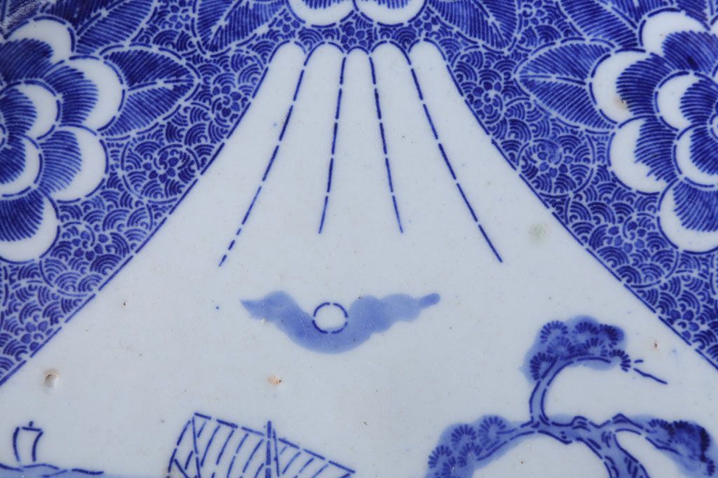 アンティーク雑貨　古民具・骨董　明治〜大正　富士と船の図　印判皿