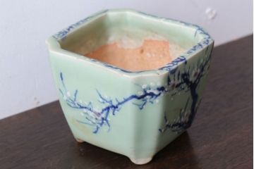 アンティーク雑貨　古民具・骨董　梅の図　小さな青磁植木鉢(八角型)