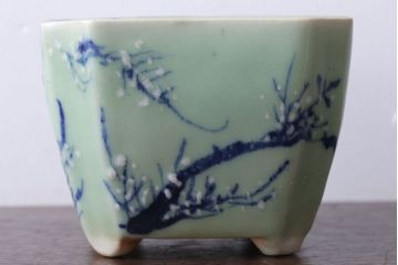 アンティーク雑貨　古民具・骨董　梅の図　小さな青磁植木鉢(八角型)