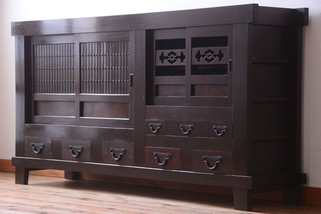 アンティーク家具　古民具・骨董　脚付き!六尺水屋箪笥サイドボード(2)