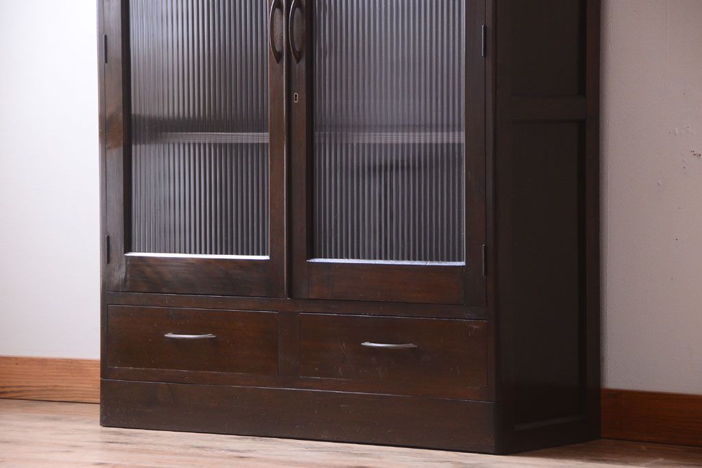 レトロ家具　和製アンティーク　モールガラス入り!大ぶりなレトロ本箱(ブックケース)