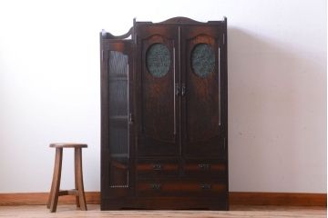 アンティーク家具　大正ロマン　色ガラス入り!変わり型本箱(ブックケース)