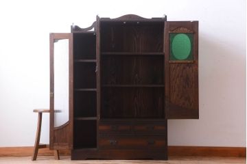 アンティーク家具　大正ロマン　色ガラス入り!変わり型本箱(ブックケース)