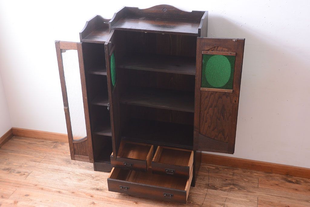 アンティーク家具　大正ロマン　色ガラス入り!変わり型本箱(ブックケース)