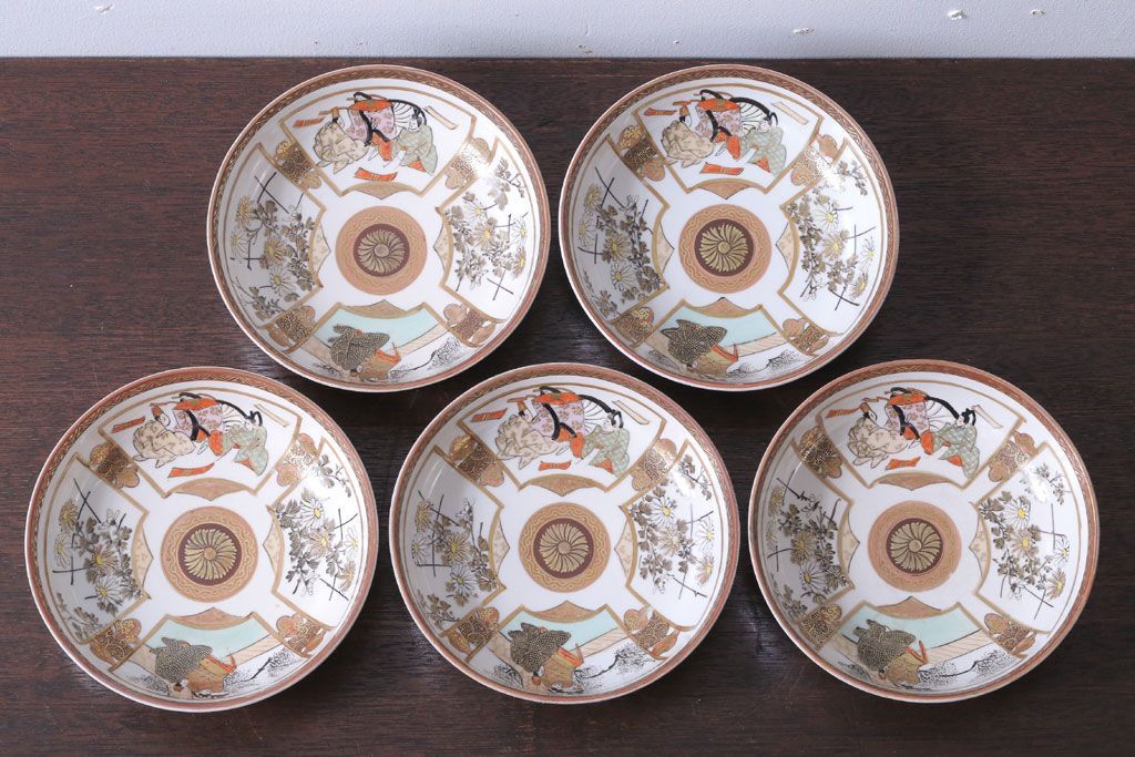 古民具・骨董　明治〜大正　九谷色絵なます皿5客セット(2)
