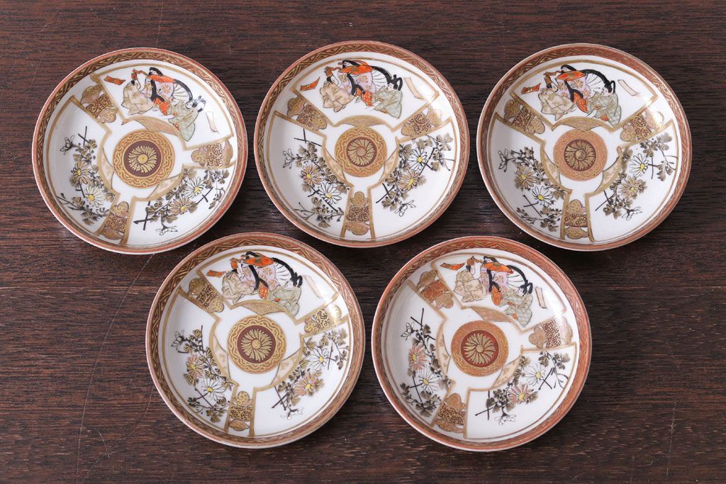 古民具・骨董　明治〜大正　九谷色絵小皿5客セット(1)