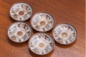 古民具・骨董　明治〜大正　九谷焼色絵皿5客セット(2)