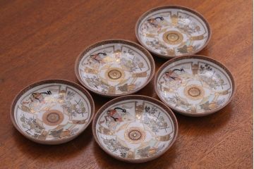 古民具・骨董　明治〜大正　九谷焼色絵皿5客セット(2)