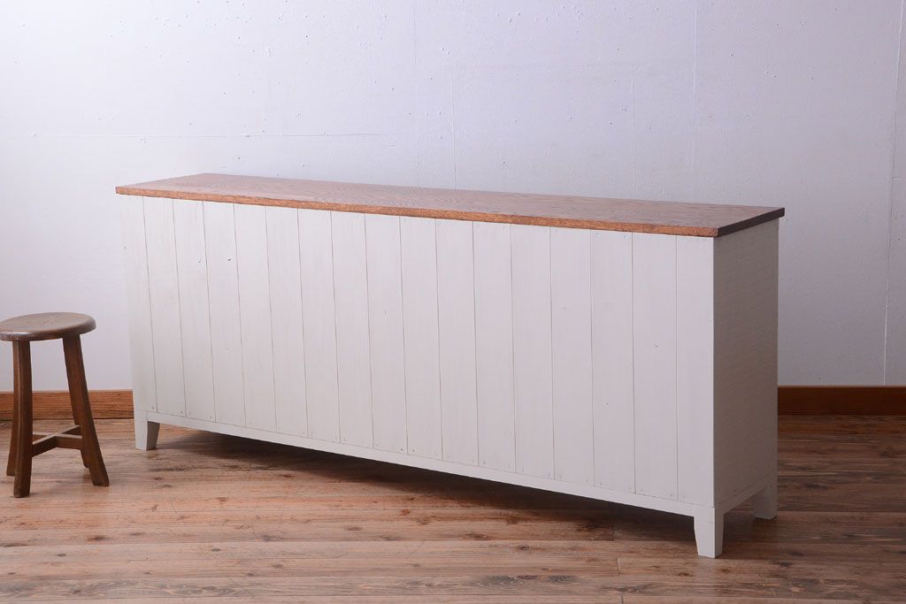 アンティーク家具　ペイント　モールガラス入り!4枚扉のカウンターテーブル