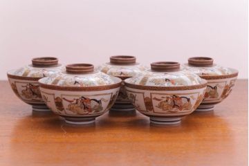 古民具・骨董　明治〜大正　九谷 色絵蓋茶碗5客セット(2)