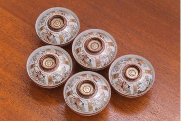 古民具・骨董　明治〜大正　九谷 色絵蓋茶碗5客セット(2)