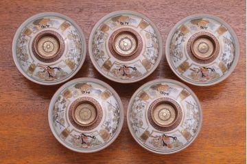 古民具・骨董　明治〜大正　九谷 色絵蓋茶碗5客セット(2)