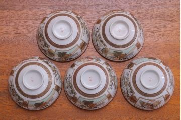 古民具・骨董　明治〜大正　九谷 色絵蓋茶碗5客セット(2)