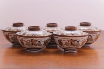 古民具・骨董　明治〜大正　九谷 色絵蓋茶碗5客セット(3)
