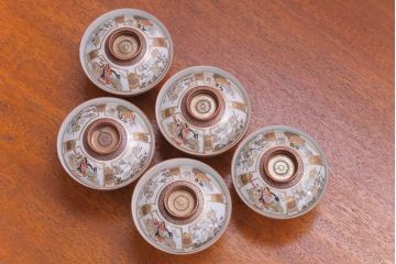 古民具・骨董　明治〜大正　九谷 色絵蓋茶碗5客セット(3)
