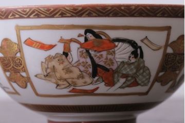 古民具・骨董　明治〜大正　九谷 色絵蓋茶碗5客セット(3)
