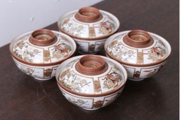 古民具・骨董　明治〜大正　九谷 色絵蓋茶碗4客セット