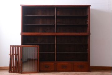 アンティーク家具　和製アンティーク　大正　4枚引き戸の檜材製重ね収納棚(戸棚)