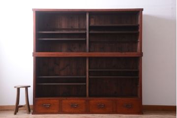 アンティーク家具　和製アンティーク　大正　4枚引き戸の檜材製重ね収納棚(戸棚)