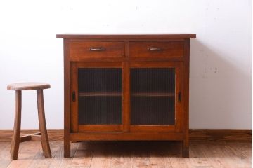 アンティーク家具　和製アンティーク　古い木の銀モールガラス戸カウンターテーブル