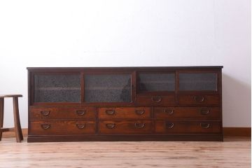 アンティーク家具　古民具・骨董　明治〜大正　高級品!前面欅材の結霜ガラス戸ローボード
