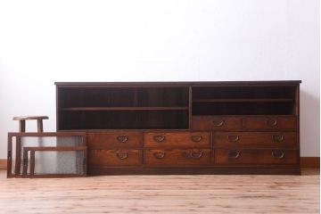 アンティーク家具　古民具・骨董　明治〜大正　高級品!前面欅材の結霜ガラス戸ローボード