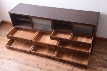 アンティーク家具　古民具・骨董　明治〜大正　高級品!前面欅材の結霜ガラス戸ローボード