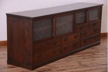 アンティーク家具　古民具・骨董　明治〜大正　高級品!前面欅材の結霜ガラス戸ローボード