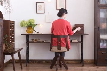 アンティーク　天板ナラ材!シンガーミシンリメイクテーブル(鉄脚テーブル・長テーブル)