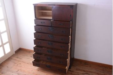 中古　民芸家具　玉杢・内桐材製の高級衣装箪笥(桐箪笥、桐たんす)