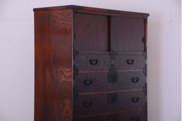 中古　民芸家具　玉杢・内桐材製の高級衣装箪笥(桐箪笥、桐たんす)