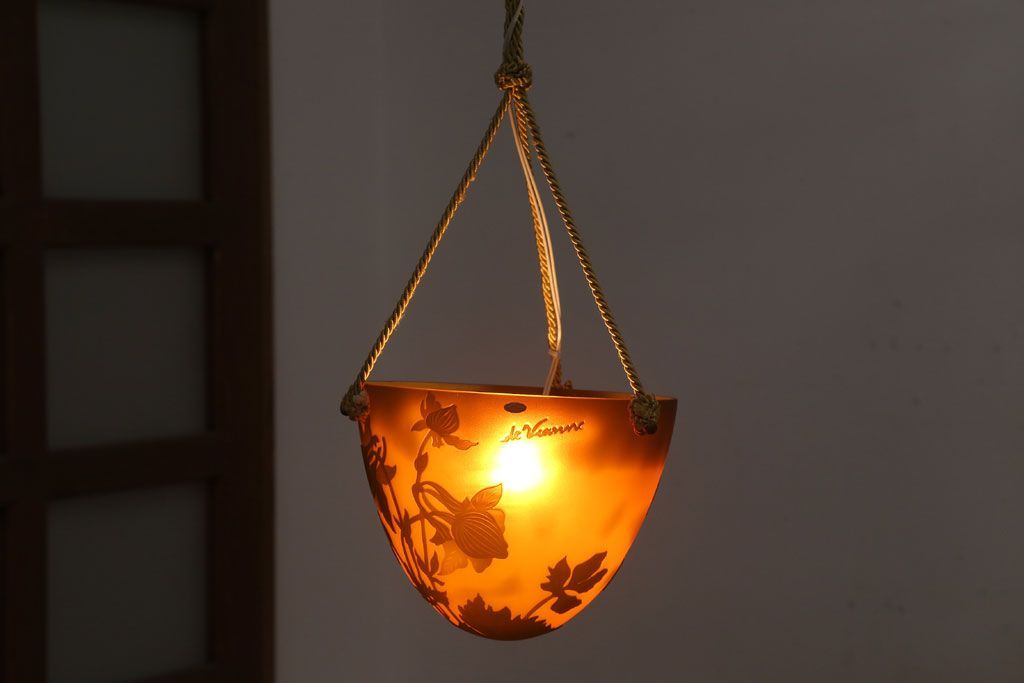 フランスビンテージ de Vianne ガレ風 カメオガラス吊り下げ照明(アールヌーヴォー)