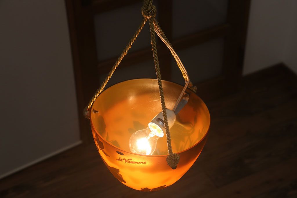 フランスビンテージ de Vianne ガレ風 カメオガラス吊り下げ照明(アールヌーヴォー)