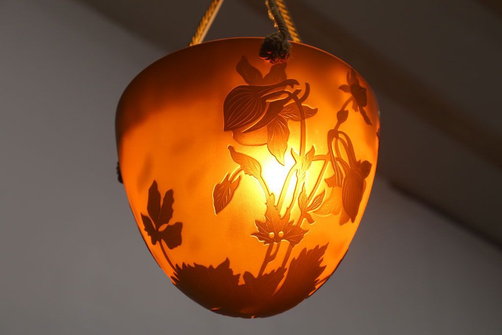 フランスビンテージ de Vianne ガレ風 カメオガラス吊り下げ照明(アールヌーヴォー)