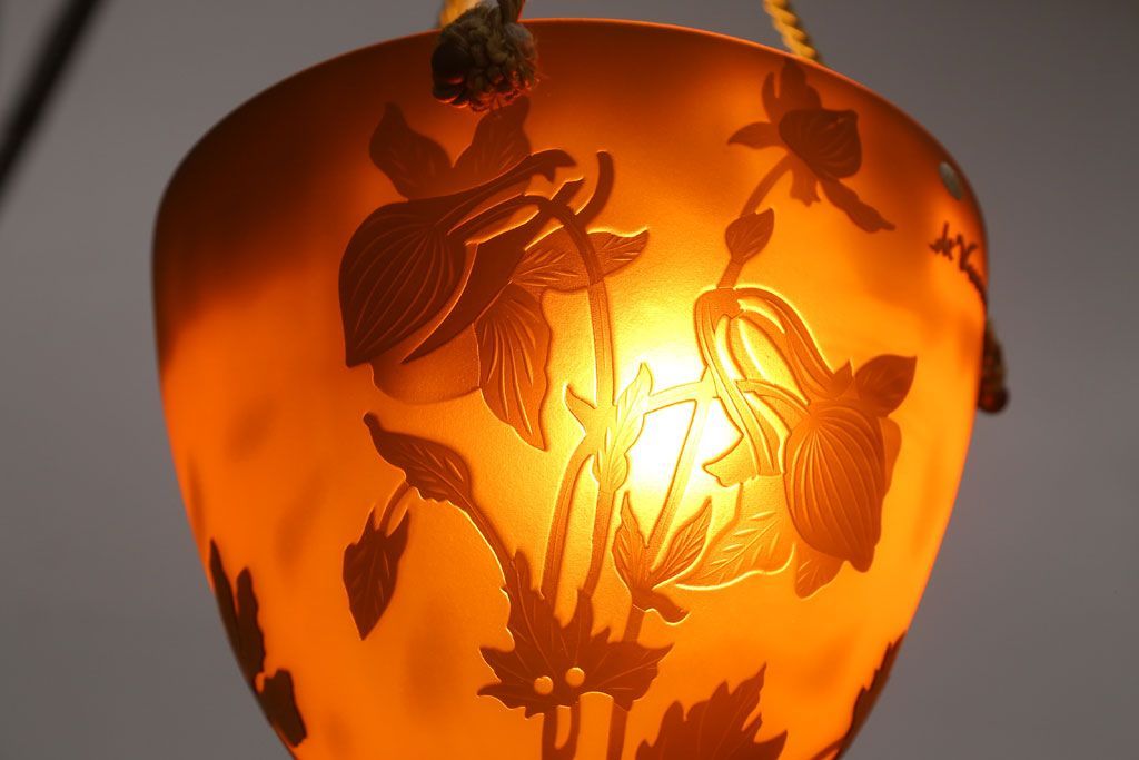 フランスビンテージ de Vianne ガレ風 カメオガラス吊り下げ照明(アールヌーヴォー)