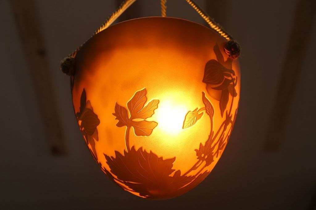 フランスビンテージ de Vianne ガレ風 カメオガラス吊り下げ照明(アールヌーヴォー)