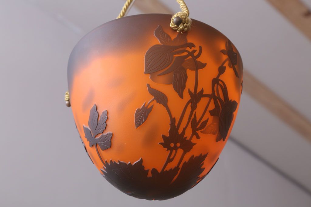 フランスビンテージ de Vianne ガレ風 カメオガラス吊り下げ照明(アールヌーヴォー)