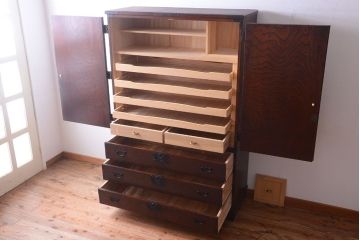 中古　民芸家具　玉杢・内桐材製の高級観音衣装箪笥(桐箪笥、桐たんす)