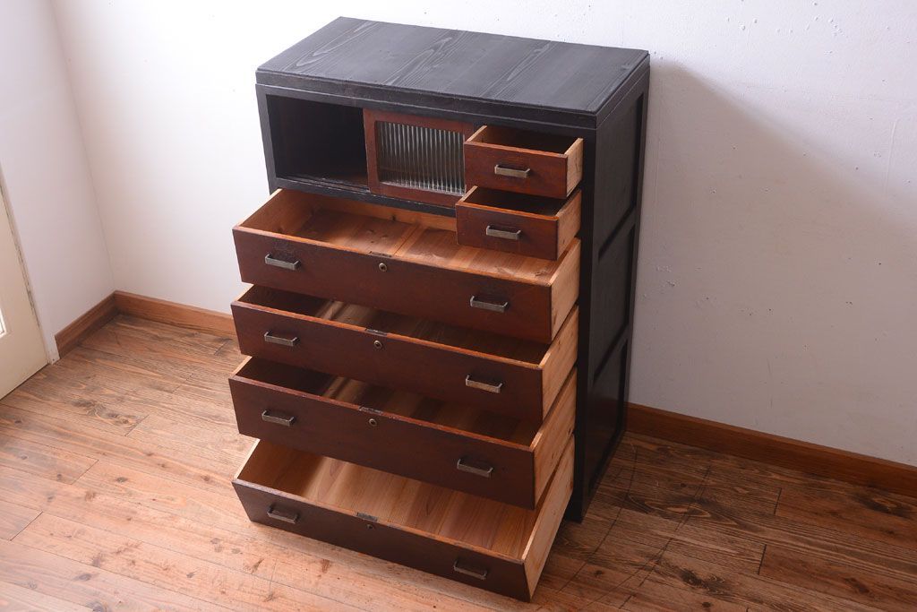 レトロ家具　昭和レトロ　モールガラス入り!古い木製のアンティークチェスト