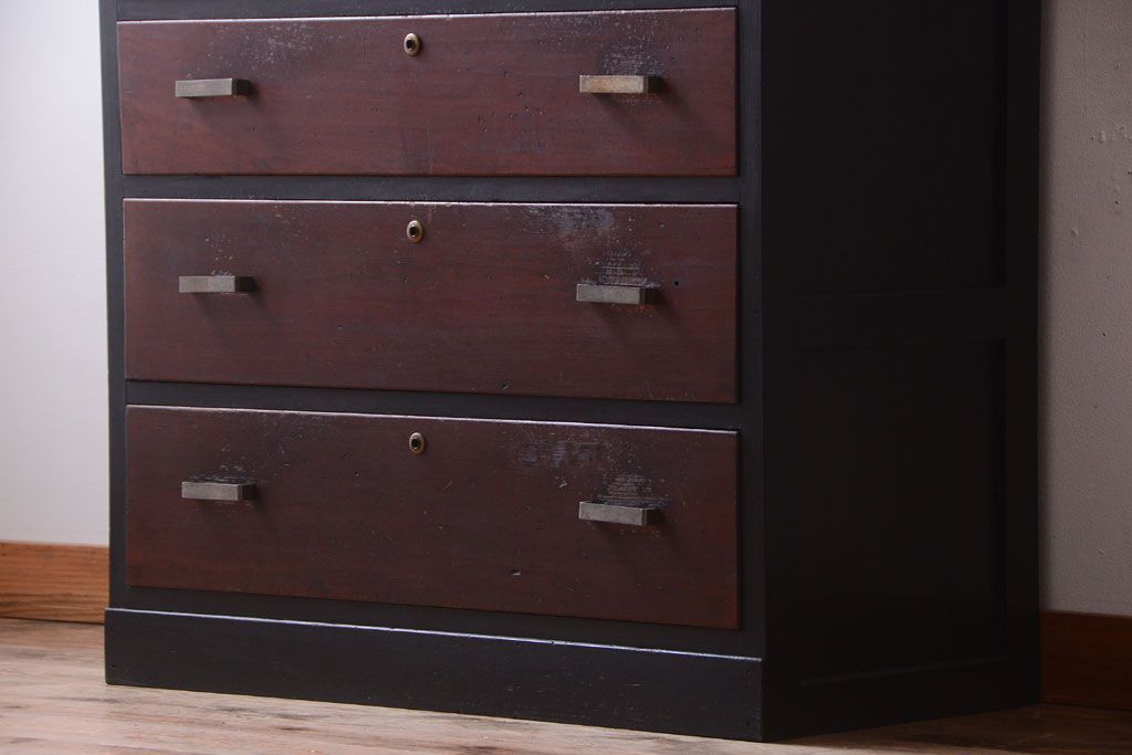 レトロ家具　昭和レトロ　モールガラス入り!古い木製のアンティークチェスト